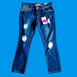 What About Me straight leg stretch denim distressed regular fit jeans